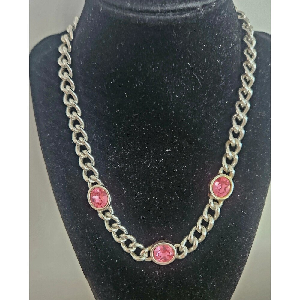 Vtg SAL Swarovski Faceted Pink Crystal Chunky Curb Chain Choker Necklace 1980's